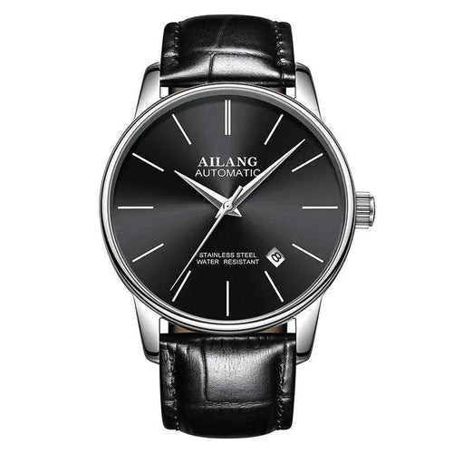 Mandotos men's automatic mechanical watch with black dial and stainless steel band, showcasing intricate watch movement.