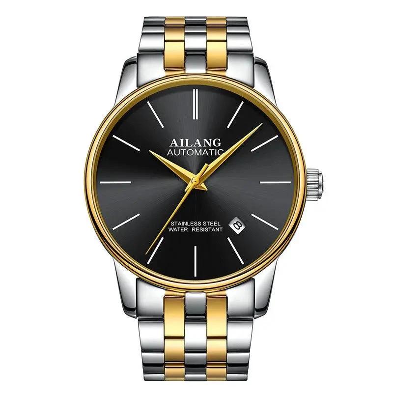 Mandotos men's automatic mechanical watch with black dial and stainless steel strap, showcasing intricate movement details.