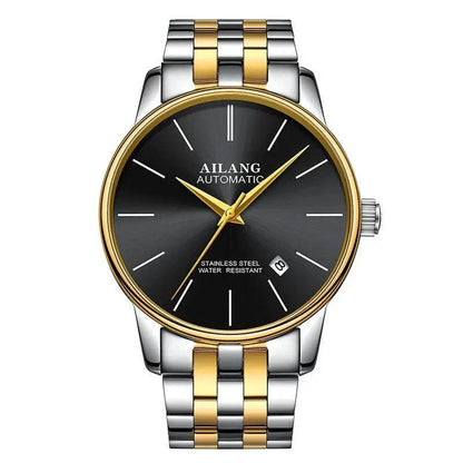 Mandotos men's automatic mechanical watch with black dial and stainless steel strap, showcasing intricate movement details.