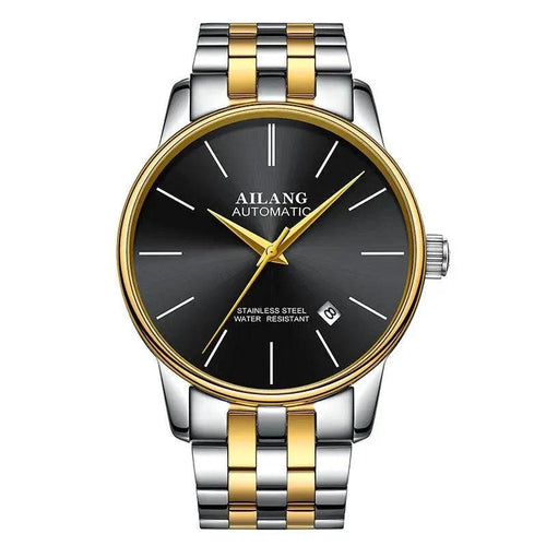 Mandotos men's automatic mechanical watch with black dial and stainless steel strap, showcasing intricate movement details.
