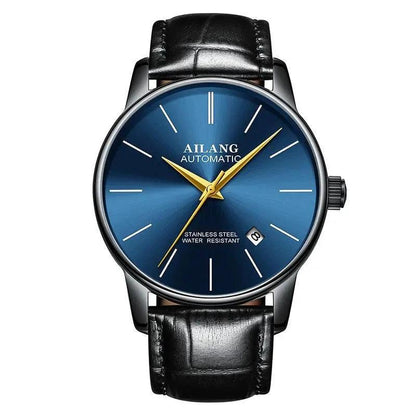 Mandotos men's automatic mechanical watch with black dial, silver case, and stainless steel band.