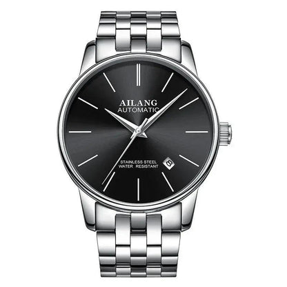 Mandotos men's automatic mechanical watch with black dial and stainless steel band, showcasing detailed watch face and sleek design.