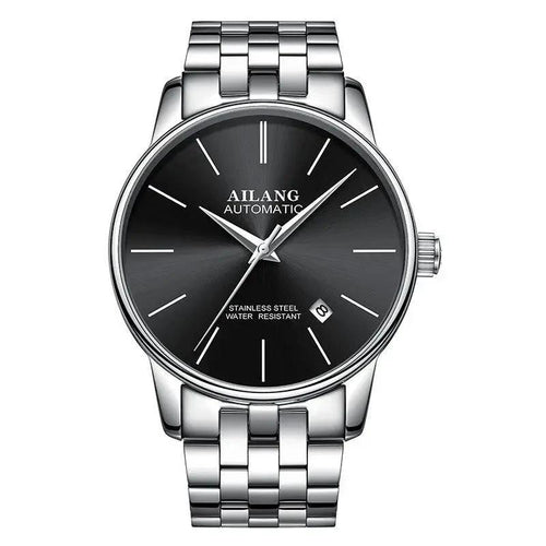 Mandotos men's automatic mechanical watch with black dial and stainless steel band, showcasing detailed watch face and sleek design.