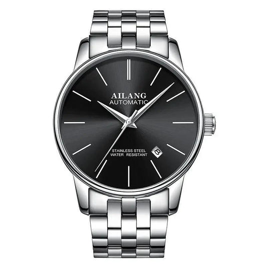 Mandotos men's automatic mechanical watch with black dial and stainless steel band, showcasing detailed watch face and sleek design.