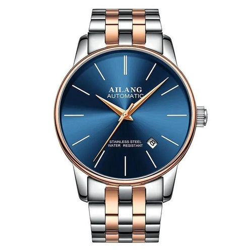 Men's automatic mechanical watch from MANDOTOS featuring a sleek design with a black dial and stainless steel band.