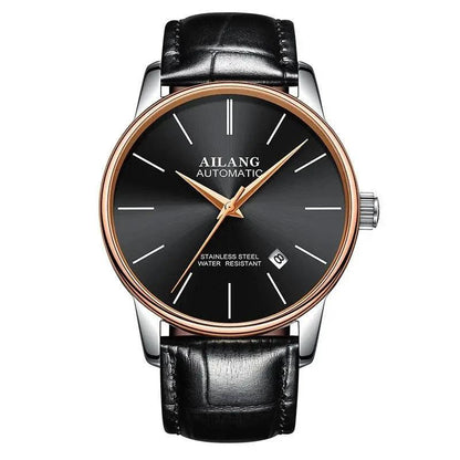 Mandotos men's automatic mechanical watch with black dial and silver stainless steel band, featuring classic design and detailed watch face.