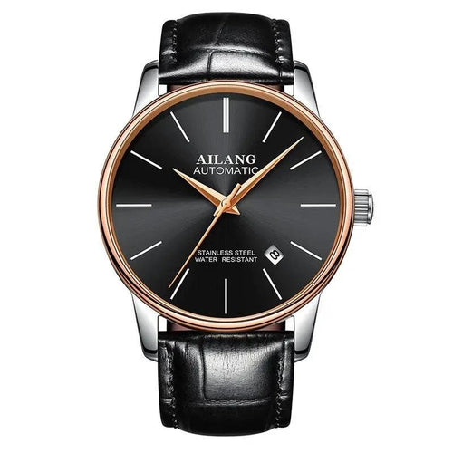 Mandotos men's automatic mechanical watch with black dial and silver stainless steel band, featuring classic design and detailed watch face.