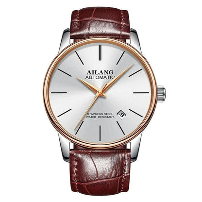Mandotos men's automatic mechanical watch with black dial and stainless steel band, showing detailed watch face and elegant design.