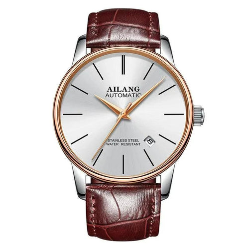 Mandotos men's automatic mechanical watch with black dial and stainless steel band, showing detailed watch face and elegant design.