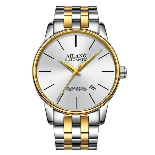 Mandotos men's automatic mechanical watch with a stainless steel band and round dial, showcasing intricate watch movement.