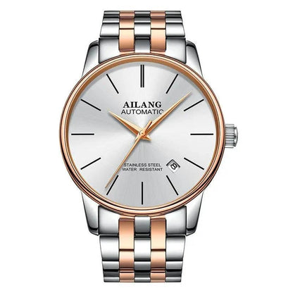 Mandotos men's automatic mechanical watch with black dial and silver stainless steel band, showcasing intricate watch movement.