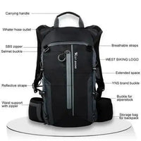 Mandotos Water-Resistant CycleGear Backpack shown with adjustable straps and multiple compartments for cycling gear storage.