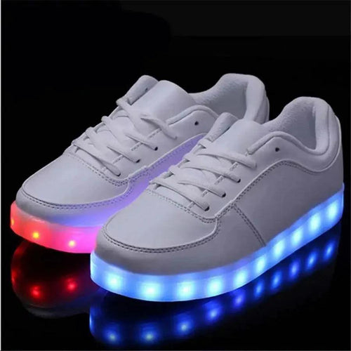 White light-up shoes by MANDOTOS featuring illuminated soles and stylish design for kids.