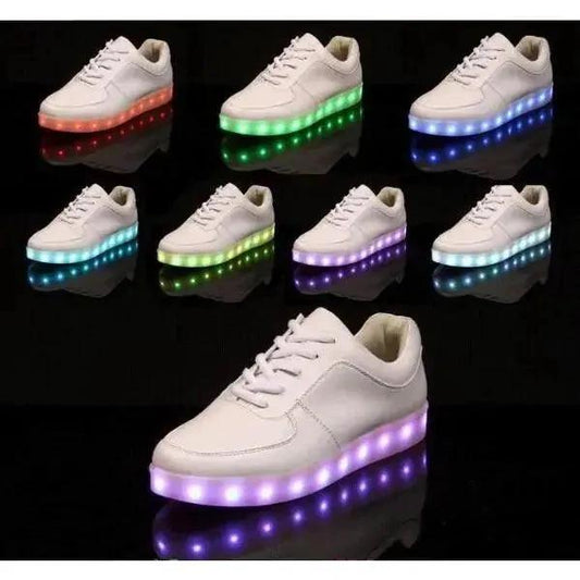 White MANDOTOS light-up shoes featuring illuminated soles and stylish design, ideal for kids and casual wear.
