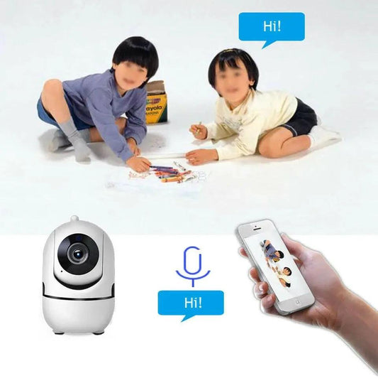 Mandotos WiFi wireless CCTV IP camera for home security, showing the camera mounted on a wall monitoring a living room.