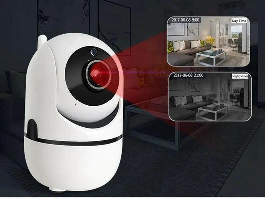 Mandotos WiFi wireless CCTV IP camera for home security, showing camera lens and mounting setup in a modern interior.