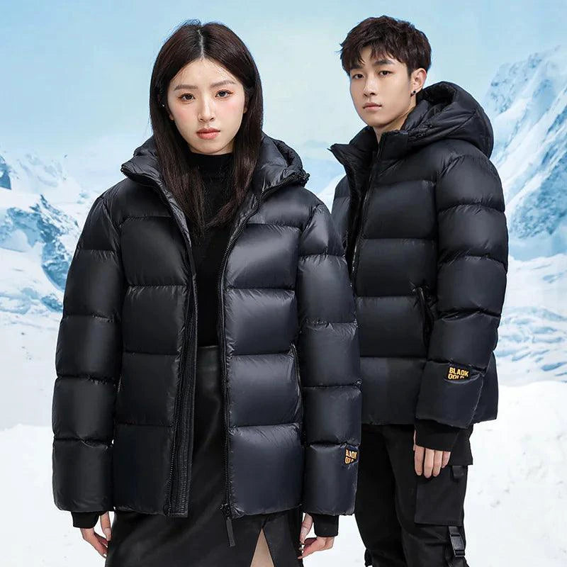 Mandotos winter black and gold down jacket for couples, featuring warm quilted design and stylish fit for cold weather.