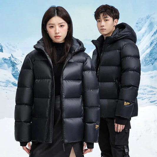 Mandotos winter black and gold down jacket for couples, featuring warm quilted design and stylish fit for cold weather.