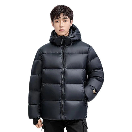 Mandotos winter black gold down jacket for couples, sleek insulated outerwear with stylish design and warm filling.