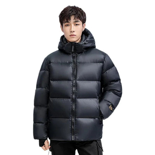 Mandotos winter black gold down jacket for couples, stylish insulated outerwear with gold accents and a sleek black design.