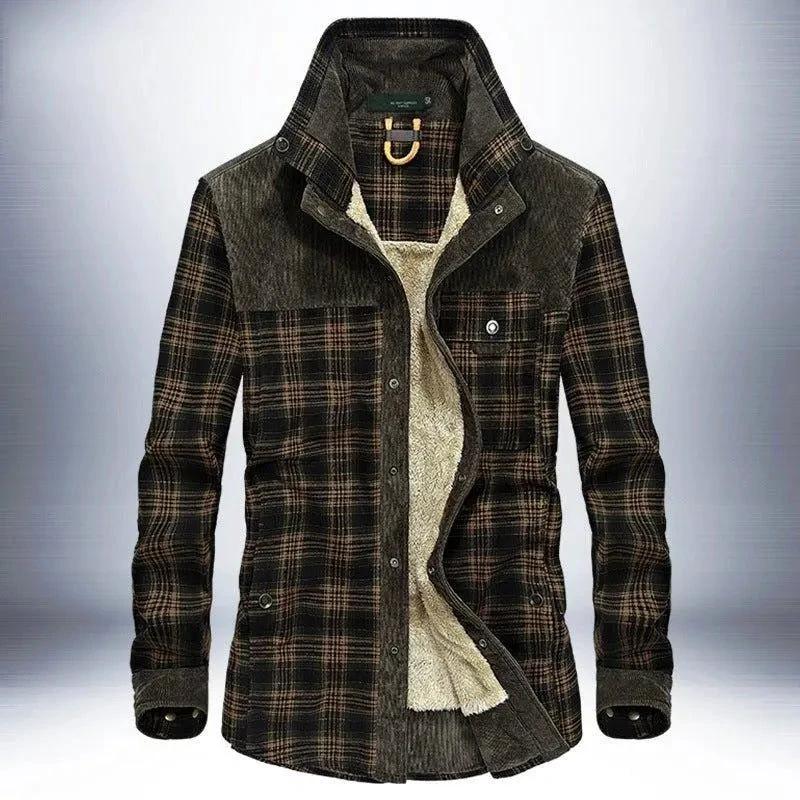 Mandotos men's winter jacket with thick fleece lining, pure cotton plaid design, military style coat for cold weather.