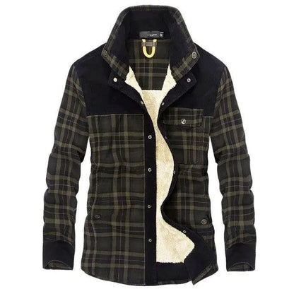 Men's winter jacket by Mandotos featuring thick warm fleece, pure cotton plaid design, and military-style coat.