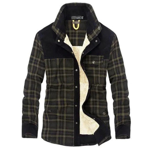 Men's winter jacket by Mandotos featuring thick warm fleece, pure cotton plaid design, and military-style coat.