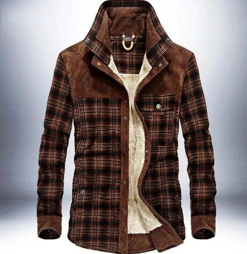 Mandotos men's winter jacket with thick warm fleece, pure cotton plaid design, military style coat for cold weather.