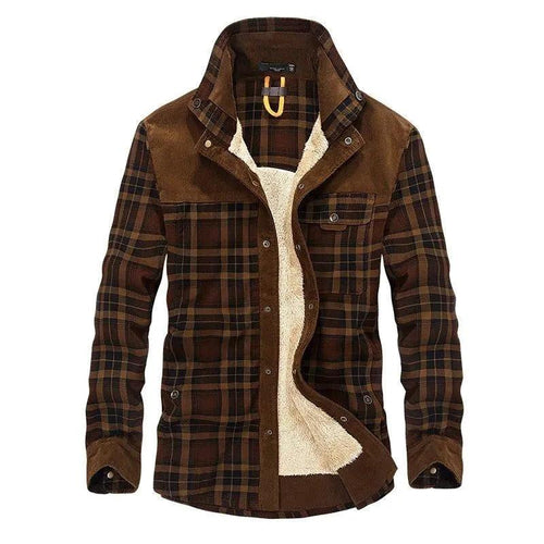 Mandotos men's winter jacket with thick warm fleece, pure cotton plaid design, military-style coat for cold weather.