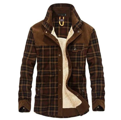 Men's winter jacket by MANDOTOS featuring thick warm fleece, pure cotton plaid design, military style coat.