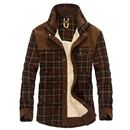 Men's winter jacket by MANDOTOS featuring thick warm fleece, pure cotton plaid design, military style coat.