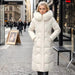 Mandotos winter long coat with thickened fur collar, stylish warm outerwear for cold weather, shown in a full-length view.