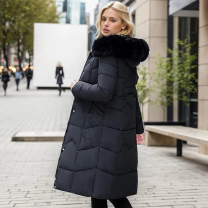 Mandotos winter long coat with thickened fur collar, stylish outerwear for cold weather, featuring a warm, plush fur collar.