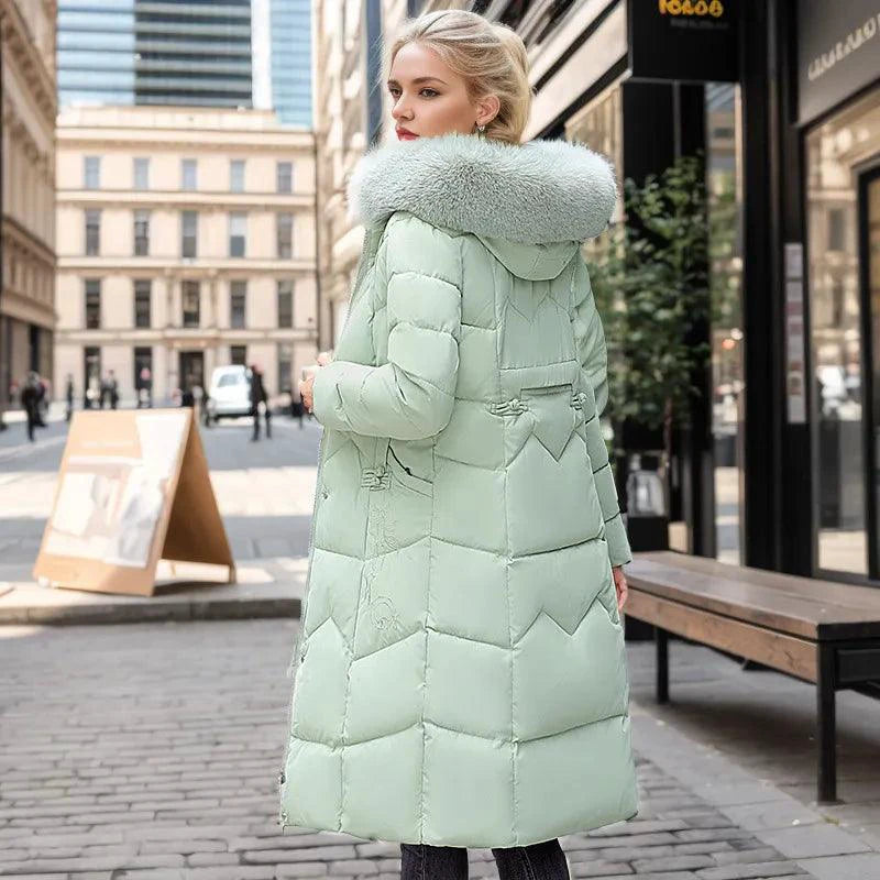 Mandotos winter long coat with thickened fur collar, stylish and warm outerwear for cold weather, shown on a model.