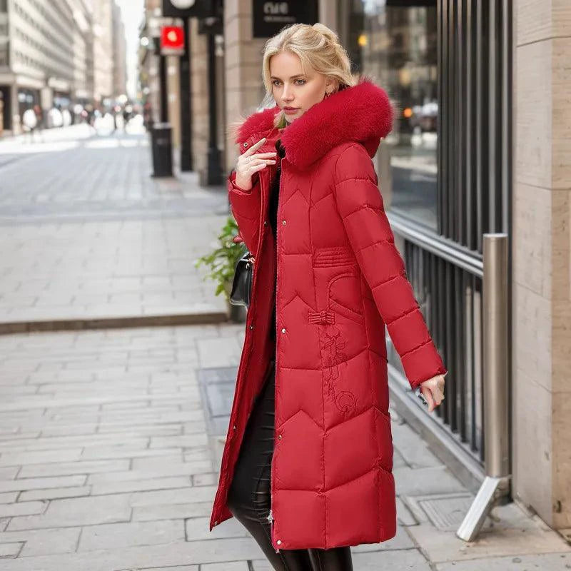 Mandotos winter long coat with thickened fur collar, stylish outerwear for cold weather, featuring a plush fur collar and tailored fit.