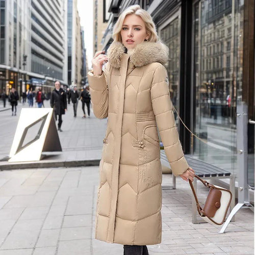 Mandotos winter long coat with thickened fur collar, stylish and warm outerwear for cold weather.