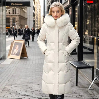 Mandotos winter long coat with thickened fur collar, showcasing a stylish, warm outerwear garment for cold weather.