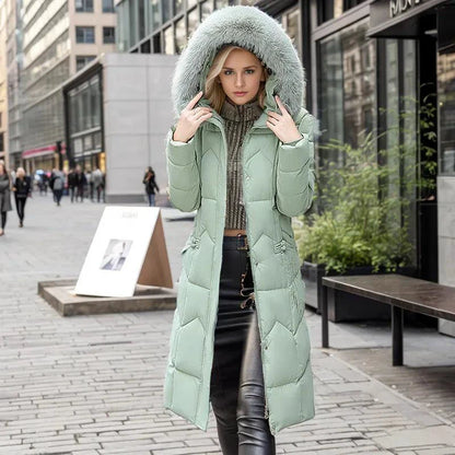 Mandotos winter long coat with thickened fur collar, warm and stylish outerwear for cold weather.