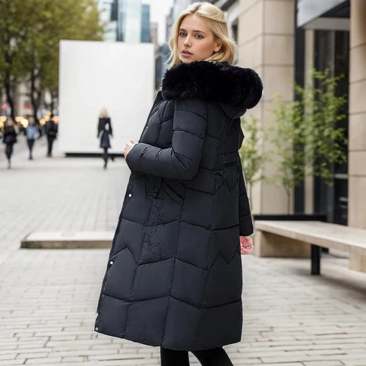 Mandotos winter long coat with thickened fur collar, stylish outerwear for cold weather, warm and cozy with a sophisticated look.