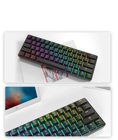 Mandotos wireless Bluetooth mechanical keyboard with dual-mode charging, compact design, and backlit keys.