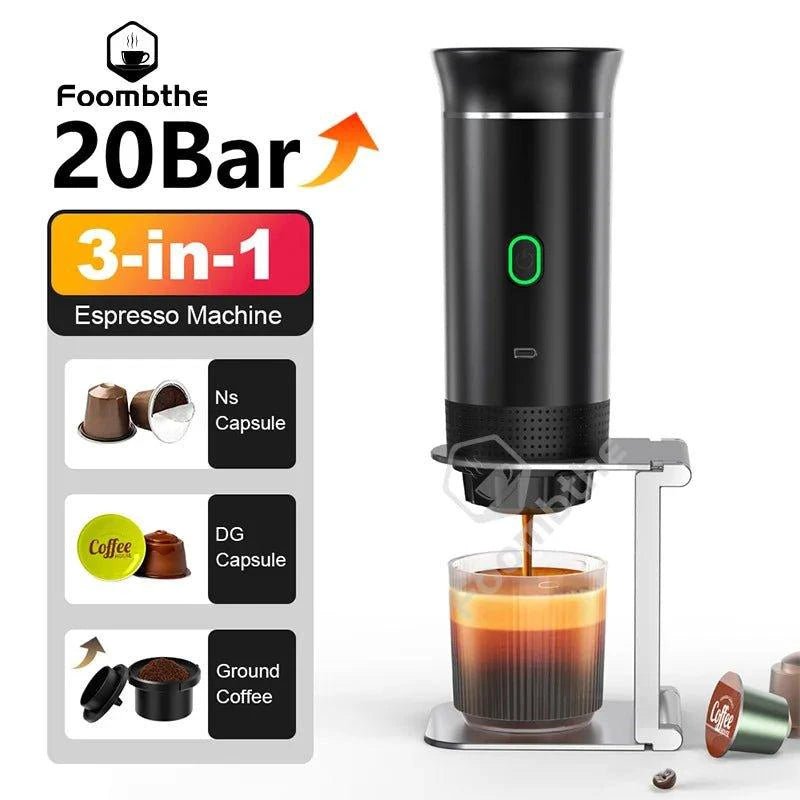 Wireless MANDOTOS portable espresso coffee machine for car, home, and camping, compatible with capsules and powder, 3-in-1 travel coffee maker.