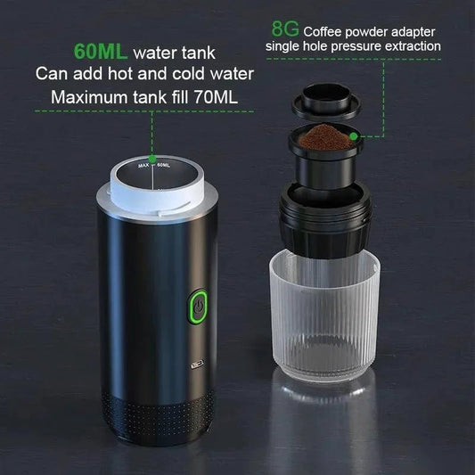 Mandotos wireless electric portable espresso coffee machine for car, home, and camping; 3-in-1 capsule and powder travel coffee maker.