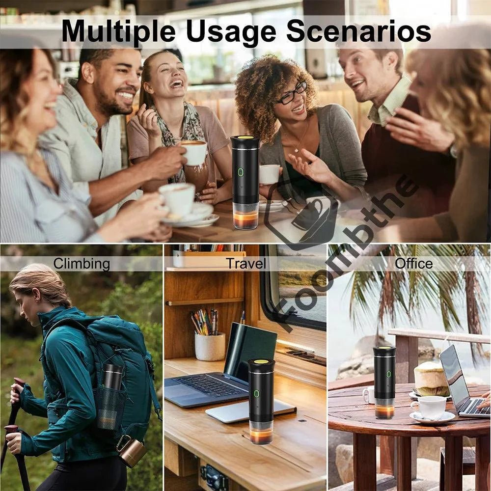 Mandotos wireless electric portable espresso coffee machine for car, home, and camping, with 3-in-1 capsule and powder brewing functionality.