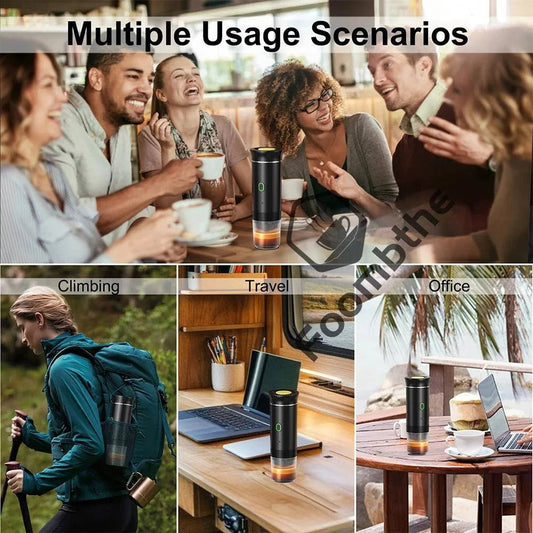 Mandotos wireless electric portable espresso coffee machine for car, home, and camping, with 3-in-1 capsule and powder brewing functionality.
