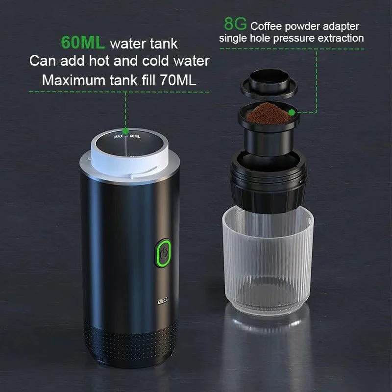 Mandotos wireless electric portable espresso coffee machine for car, home, and camping, 3-in-1 capsule and powder travel coffee maker.
