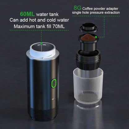 Mandotos wireless electric portable espresso coffee machine for car, home, and camping, 3-in-1 capsule and powder travel coffee maker.