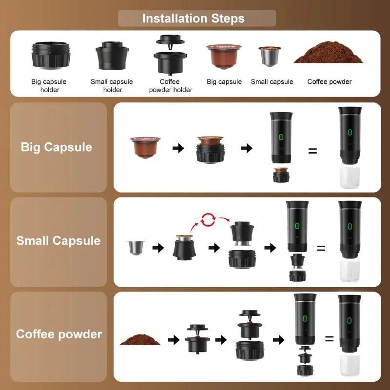 Mandotos wireless electric portable espresso coffee machine for car, home, and camping, 3-in-1 capsule and powder travel coffee maker