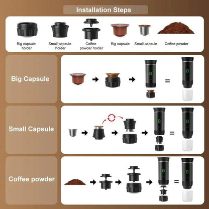 Mandotos wireless electric portable espresso coffee machine for car, home, and camping, 3-in-1 capsule and powder travel coffee maker