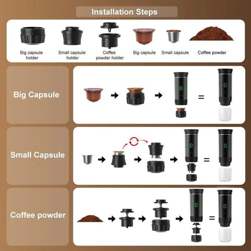 Mandotos wireless electric portable espresso coffee machine for car, home, and camping, 3-in-1 capsule and powder travel coffee maker