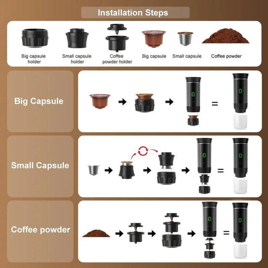 Mandotos wireless electric portable espresso coffee machine for car, home, and camping, 3-in-1 capsule and powder travel coffee maker